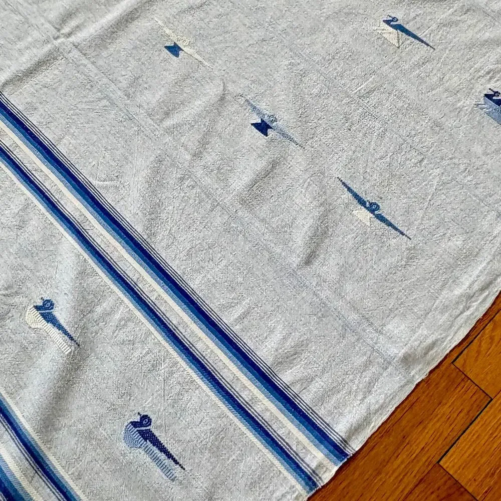 Vintage Guatemalan Cotton Tablecloth Blue Bird Embroidery